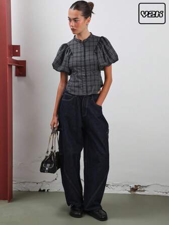 COUREZ Puffärmad rutig topp / Y2K höstkläder för kvinnor Höstkläder Söta toppar Utekläder Söt Sexigt Streetwear Elegant