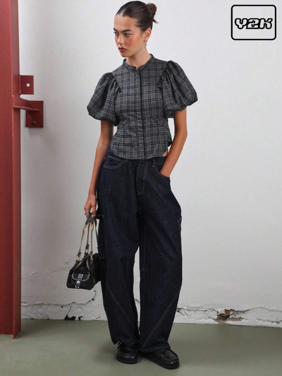 COUREZ Puff Sleeve Check Top /Y2K  Women Clothes  Clothes Cute Tops Going Out Outfits Cute Sexy Steetwear Elegant - Grey - View 1