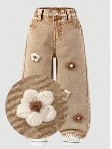 Young Girl Fashion Washed Stereo Floral Jeans - Khaki - View 6