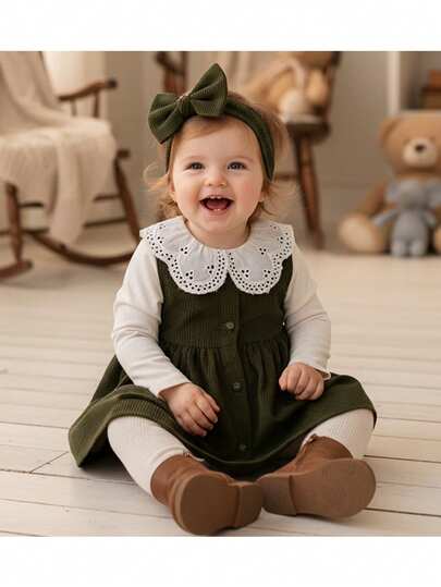 Loomiva 2 件女婴花卉装饰长袖上衣和无袖腰系带连衣裙套装