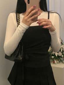 DAZY 女士圆领腰部褶皱扭结设计二合一时尚百搭通勤长袖T恤 - 黑與白 - 查看 9