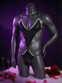 WENEZON Áo hai dây ren khoét lỗ gợi cảm dành cho nam, nội y đính đá, dây chuyền đính đá, bộ nội y đính đá, đồ lót đính đá. - màu đen - Xem 1