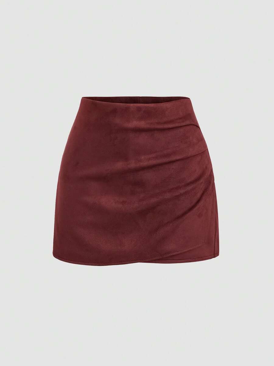 Sweetra Women's Fashionable Vintage Pleated Suede Casual Shorts, Versatile For Daily Commute And Outings, Autumn/Winter - Burgundy - View 1