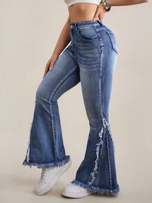 SHEIN Tall Women's Casual Distressed Slim Fit Flare Leg Jeans - Blue - View 4