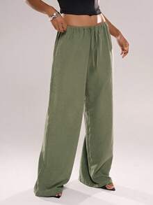 Avantive Green Straight-Leg Trousers Women's Solid Color Drawstring Waist Casual Versatile Commuting Wide Leg Pants Beach Vacation On Valentine's Day - Street Scene Breathable Soft Transitional Casual - Green - View 4