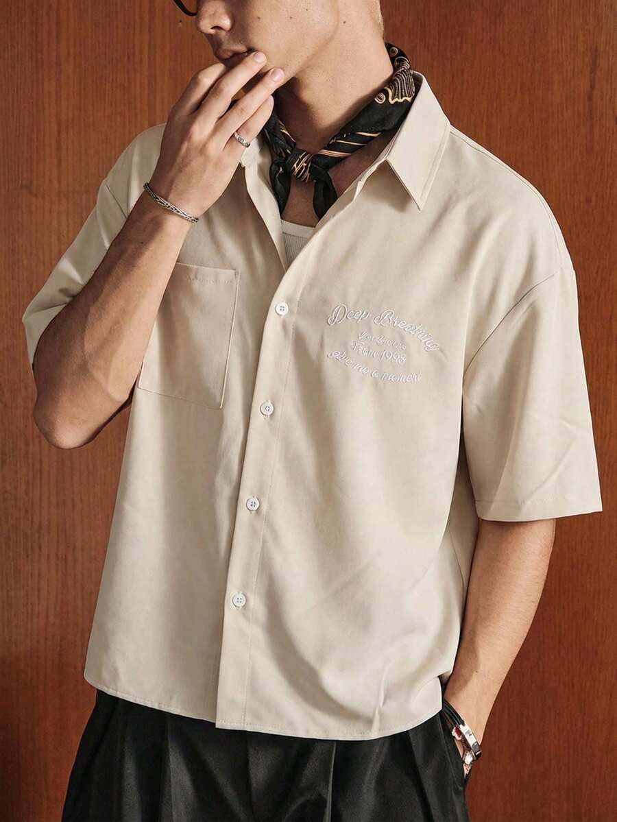SWAVVY Men's Fashionable Casual College Style Embroidered Short Sleeve Shirt - Khaki - View 1
