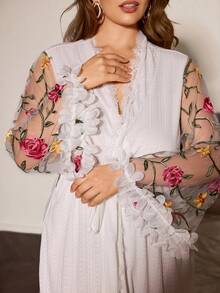Slumberist Floral Embroidery Lace Patchwork Plus Size Tie-Up Sheer Wide Sleeve Long Robe Floral Embroidered Robe Sheer Robe Mesh Robe Lingerie Robe Summer Robe Women - White - View 8