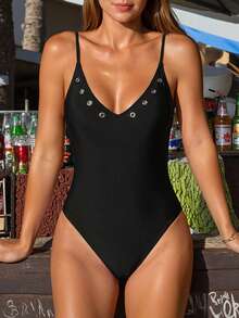 Swim Chiccia 女士纯色露背细肩带连体泳衣，适合海滩/度假村穿着 - 黑色 - 查看 6