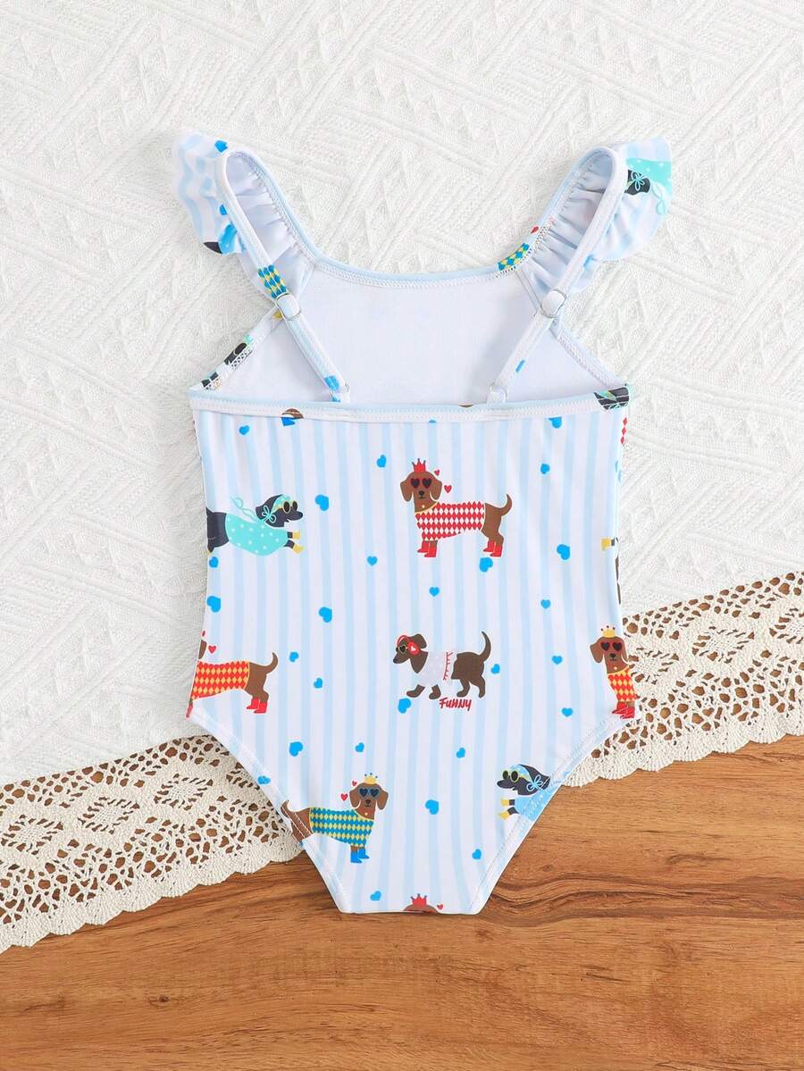 Baby Girls' One-Piece Swimsuit,Cartoon Sports Pattern Ruffle Swimwear,Full Coverage Bathing Suits For Holiday,Summer Beach Wear,Resort Spa Blue Romper - Multicolor - View 1