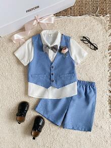 PrepCrw 3pcs Young Boys Summer Traditional Wedding Gentleman Suit Set,Plaid Bow Tie Short Sleeve Shirt,3D Floral Decor Vest & Shorts Formal Wear Outfit,Blue - Multicolor - View 5