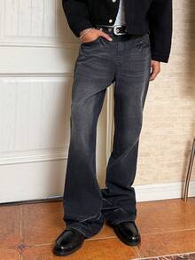 Manfinity EMRG Jeans acampanados elásticos desgastados con efecto de arrastre de pezuña en estilo callejero juvenil, para otoño/invierno - Negro - Ver 6