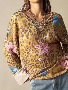 Bohemela 波西米亚风度假休闲针织长袖宽松豹纹水洗女式卫衣