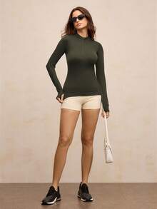 Activina Half Zip Thumb Holes Sports Long Sleeve Sweatshirt - Army Green - View 3