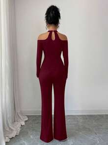 Elenzga 优雅性感女士派对/约会/通勤两件套：蕾丝边露背不对称下摆长袖上衣和修身纯色喇叭裤，秋冬款 - 酒紅色 - 查看 2