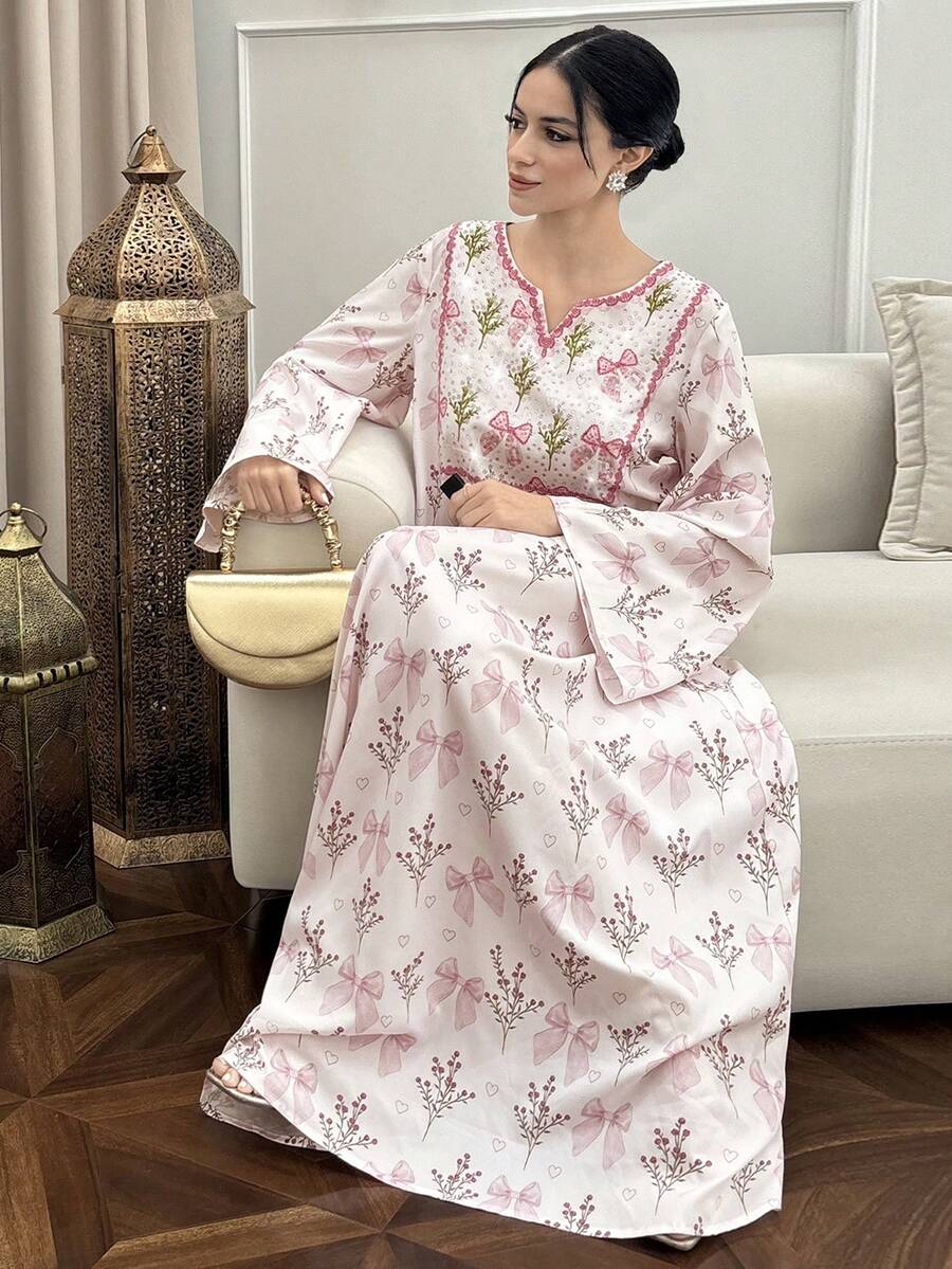Yasmyna 女士印花长袖阿拉伯连衣裙