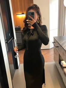 DAZY Charming Fitted Hollow Neck Tie Bow Long Women Nightgown Pajamas - Black - View 5
