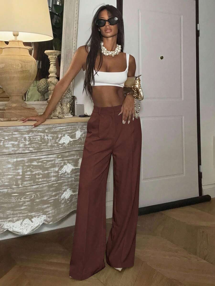 Ronhire Maillard 阔腿优雅现代高腰西装裤，度假新年 - 鏽棕色 - 查看 1