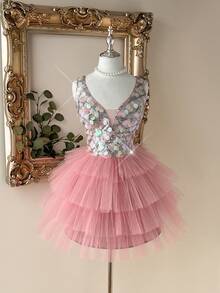 Lovelzi Elegant Multi-Color Lotus Root Pink Deep V-Neck Mesh Sheer Luxurious Gradient Multi-Color Sequin Embroidered High Waist Slimming Multi-Layered Tulle Puff A-Line Skirt Suitable For Dates, Vacations, Singles Parties, Weddings, Back To School, Birthdays, Afternoon Tea, Ladies' Formal Gowns - Dusty Pink - View 7