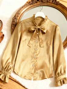 Franclia Plus Size Women Elegant Gold Autumn Frill Trim Lantern Sleeve Metallic Sheen Silk Satin Blouse, Brown Shirts For Women - Gold - View 5