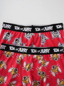 TOM & JERRY X SHEIN 男士舒适柔软卡通图案字母条纹平角内裤 - 紅色 - 查看 3