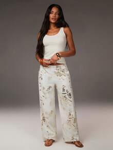 Athîral Women's Casual Beaded Embroidered Shiny Pants, Beige, Valentine's Day Clothing, Outdoor Wear, Sequined Pants, Sequined, Floral Pattern Pants, Vacation Wear, Spring Break Wear, Spring/Summer Wear, Beach Pants, Outdoor Date Wear, Linen Shorts For Women, Womens Summer Pants, Boho Pants For Women - Apricot - View 3