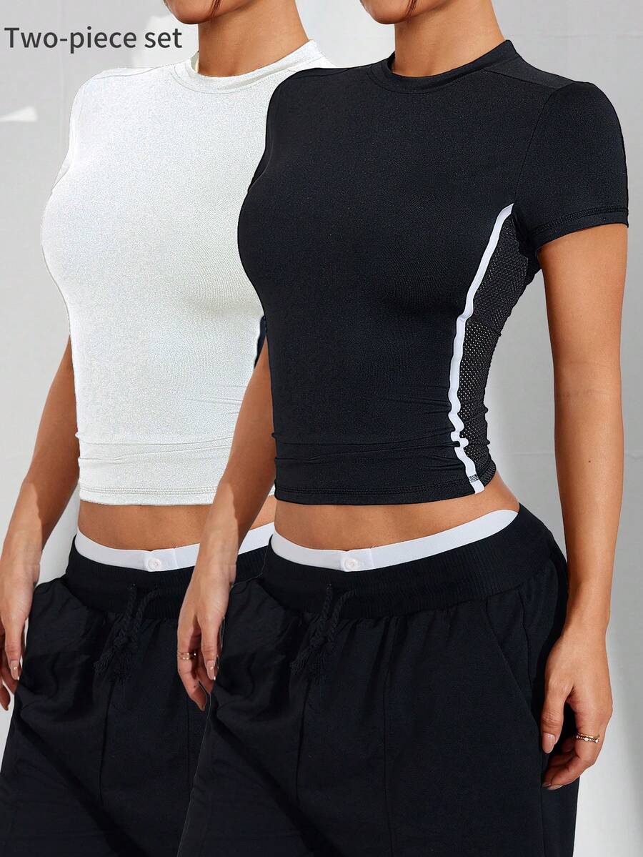 Velisys Áo thun tập yoga/thể dục dành cho nữ, ôm sát, kiểu dáng thường ngày, có sọc trắng bên hông, gợi cảm và thoải mái, phù hợp cho đi làm, chạy bộ ngoài trời, áo tay ngắn ôm sát có lưới bên hông. - Đen và trắng - Xem 1