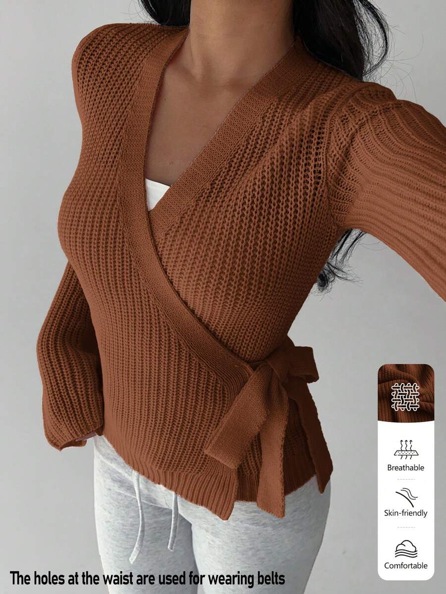 SHEIN MOOSTA Áo khoác cardigan buộc chéo phía trước đơn sắc tối giản thời trang hàng ngày đa năng dành cho nữ - màu nâu - Xem 1