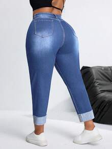 SHEIN SXY Jeans de talla grande para mujer con bolsillos y efecto desgastado, de tela vaquera elástica y ajustada - Azul lavado medio - Ver 2