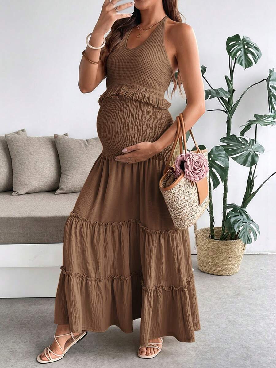 SHEIN Summer Outfits For Women  Women's Summer Set,Summer Outfit For Women  Maternity Solid Color Halter Tie Ruffle Hem Patchwork Top And Gathered Waist Skirt Set, Fashionable For Party And Outings Brown Maternity Dress Pregnancy Dress Maternity Sundress Pregnant Outfits Summer - Coffee Brown - View 1