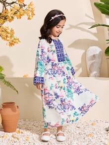 SHEIN Gaun Maxi Panjang Putih untuk Anak Perempuan, Motif Timur Tengah, Potongan Longgar, Lengan Panjang, Motif Daun Warna-warni, Cocok untuk Musim Gugur, Pembaptisan, dan Gaya Eksotis untuk Bayi. - MultiWarna - View 3