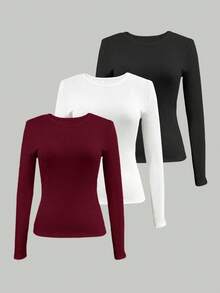 EMERY ROSE 3pcs Women Solid Color Fitted Crew Neck Long Sleeve T-Shirt Set - Multicolor - View 3