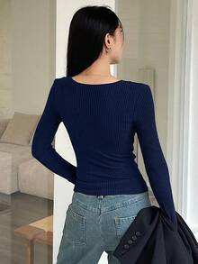 DAZY Áo thun nữ dáng suông màu trơn, kiểu quấn chéo, thích hợp cho mùa Thu/Đông. - Màu xanh hải quân - Xem 3