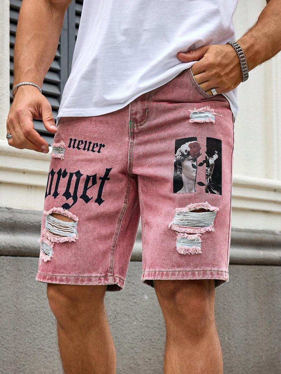 Manfinity LEGND Men's Fashionable Printed Casual Denim Shorts Men's Graphic Denim Shorts Men's Pink Jean Shorts - Pink - View 1