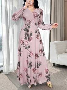 Nuevo vestido elegante y encantador de cintura ceñida de alta gama con flores de rosa para mujeres - Verde militar - Ver 10