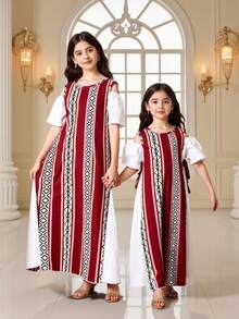 Young Girls Spring/Summer Geometric Print Dress, Woven Fabric White Solid Color Patchwork Geometric Print Dress, Suitable For Spring/Summer, Cute, Elegant, Comfortable Outfit For Girls, Suitable For Daily School, Outings, Vacations, Parties, Holidays Girls Long Dress Long Maxi Dress For Kids Girls Matching Dresses Cotton Long Dresses For Girls Mom Daughter Matching Dresses Kids Dresses