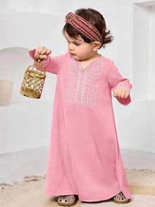 Gaun Panjang/Jubah Jalabiya Kasual Longgar Minimalis untuk Bayi Perempuan - Berwarna merah muda - View 5