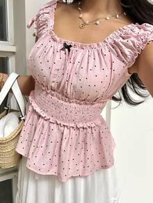 Sunnyshic Áo kiểu babydoll tay ngắn, thắt eo, in chấm bi dễ thương dành cho nữ, thích hợp cho mùa xuân/hè. - Hồng - Xem 6