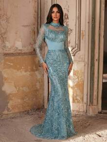 Aureia 优雅、浪漫、奢华、蓝色、亮片面料、长袖、鱼尾下摆、拖尾、时尚、节日、假日、生日派对、婚礼、正式晚宴礼服（奢华版） - 藍色 - 查看 4