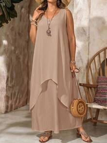EMERY ROSE Đầm trắng không tay cổ chữ V 2 trong 1 dành cho nữ cỡ lớn, thích hợp cho kỳ nghỉ hè. - Màu Khaki - Xem 5