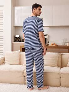 SHEIN 男士条纹印花休闲睡衣套装 - 藍色 - 查看 3