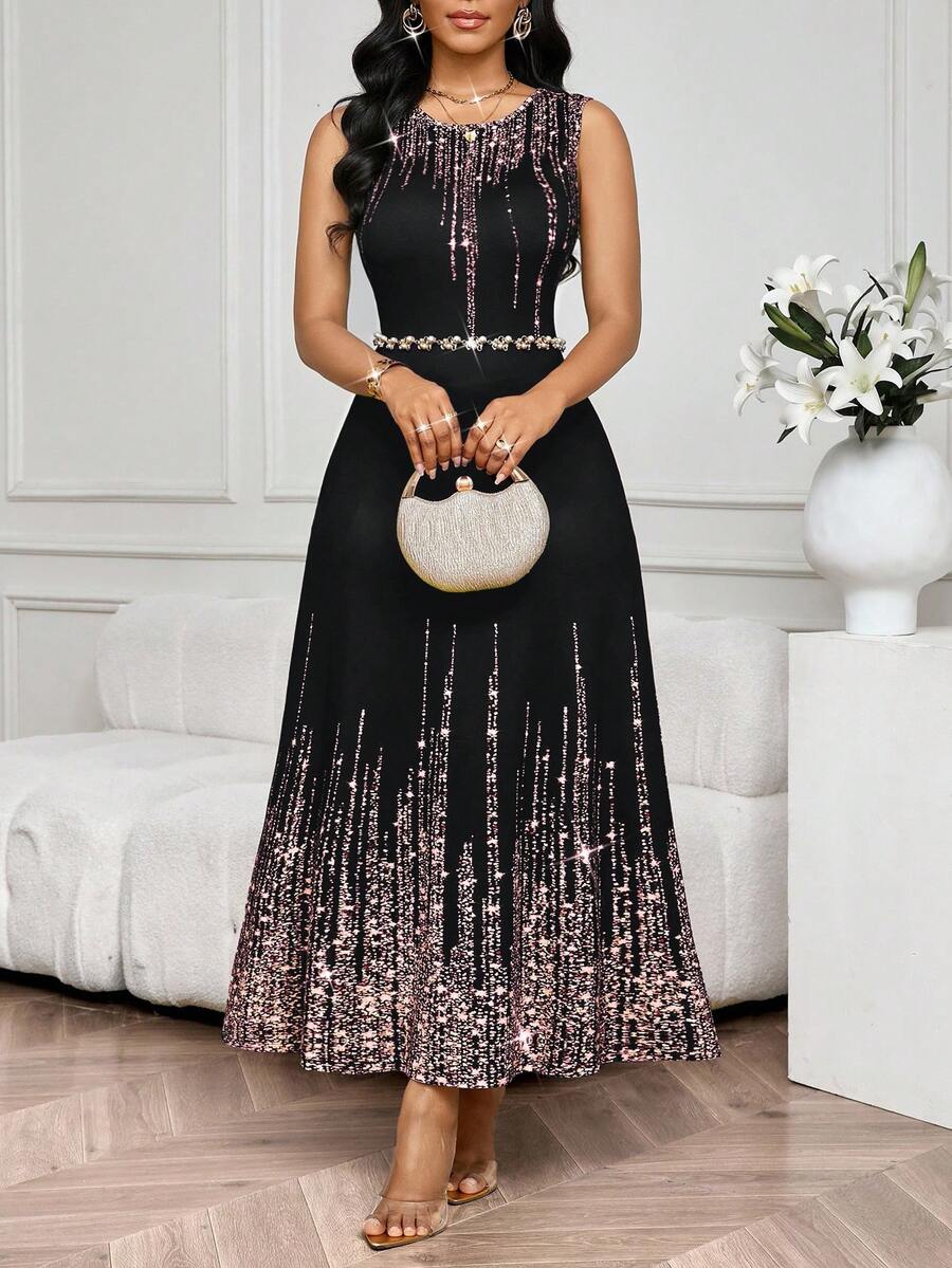 SHEIN Lady 女士优雅无袖圆领连衣裙 - 粉色 - 查看 1