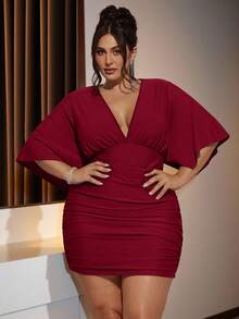 SHEIN BAE Gaun Natal Mini Hijau Leher V untuk Wanita Ukuran Plus - Burgundy - View 1