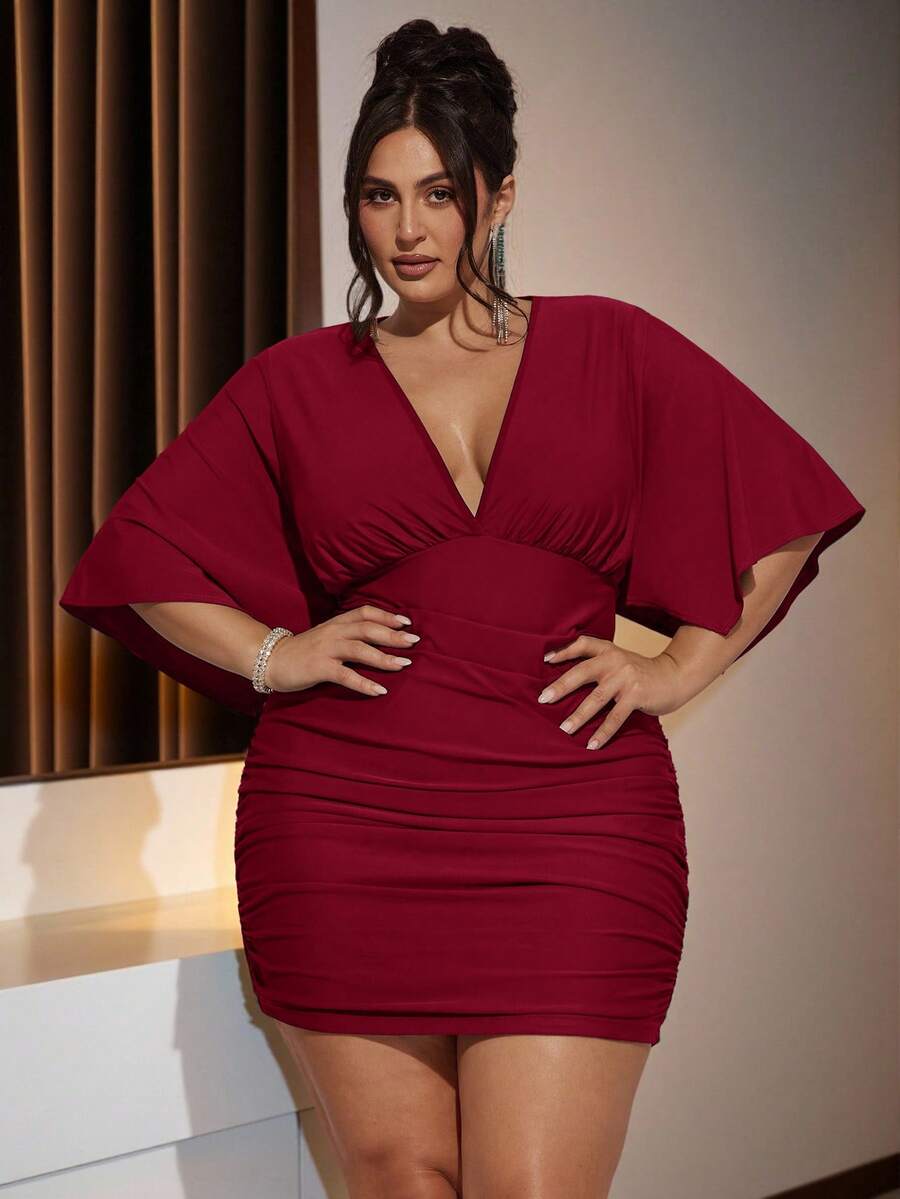 SHEIN BAE Gaun Natal Mini Hijau Leher V untuk Wanita Ukuran Plus - Burgundy - View 1