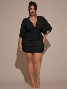 SHEIN BAE Plus Size Women V-Neck Mini Green Christmas Dress - Black - View 3
