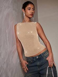 SHEIN BAE Áo tank top nữ không tay ôm sát, màu đỏ rượu vang đậm, đính đá pha lê, thanh lịch, thích hợp cho các bữa tiệc, hộp đêm, tiệc cocktail, tiệc chiêu đãi, đi chơi đêm, dạ hội, hẹn hò, hoặc mặc nhiều lớp vào mùa thu/đông. - Màu Khaki - Xem 3