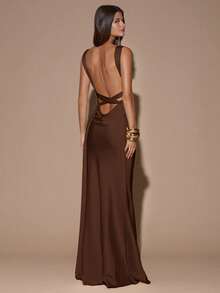 SHEIN BAE Sexy Minimalist Solid Color Yellow/Cream Deep V-Neck Sleeveless Backless Tie Dress, Suitable For Parties, Cocktail Events, Formal Occasions, Bridesmaid Dresses, Birthday Dresses, Yellow Satin Gown, Christmas, Banquet, Business Casual Sexy Brown Dress Brown Wedding Guest Dress Open Back Dresses - Coffee Brown - View 6