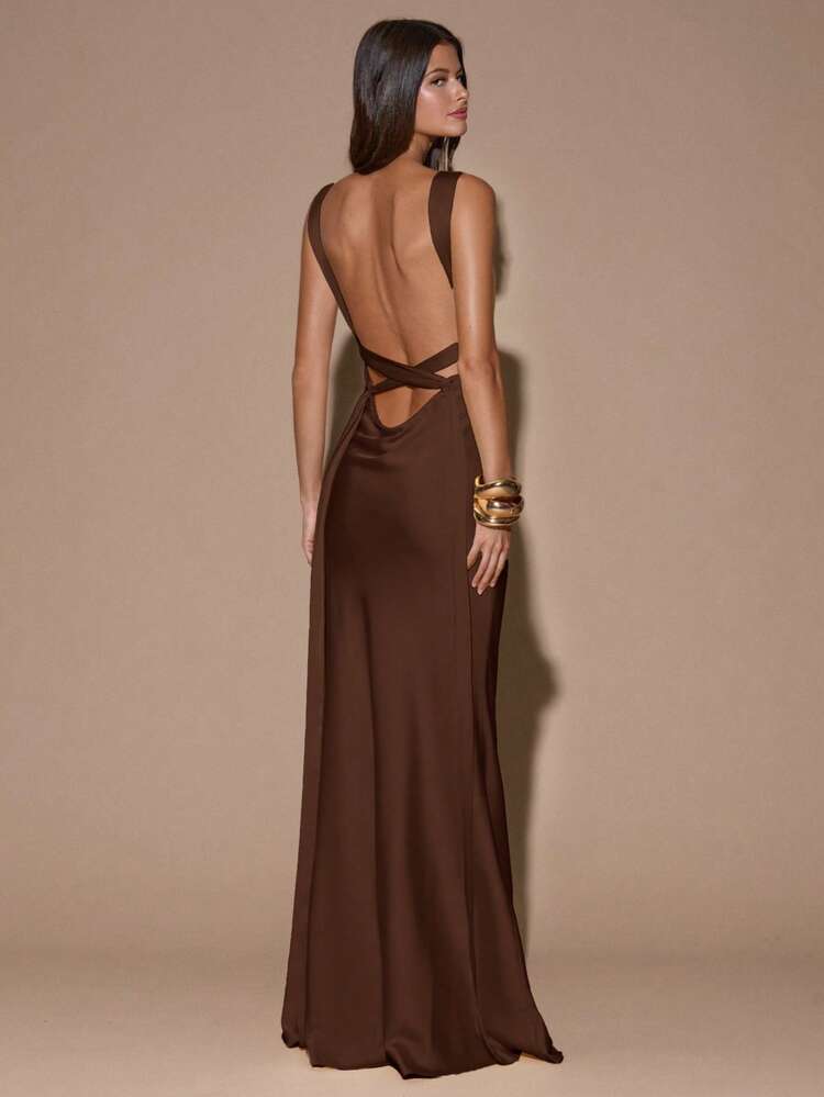 SHEIN BAE Sexy Minimalist Solid Color Yellow/Cream Deep V-Neck Sleeveless Backless Tie Dress, Suitable For Parties, Cocktail Events, Formal Occasions, Bridesmaid Dresses, Birthday Dresses, Yellow Satin Gown, Christmas, Banquet, Business Casual Sexy Brown Dress Brown Wedding Guest Dress Open Back Dresses - Coffee Brown - View 6