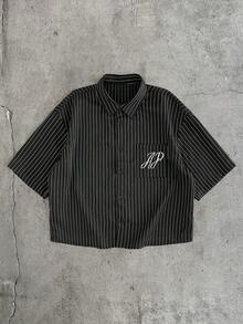 AXEPEAK 男士短袖纽扣条纹休闲衬衫，夏季 - 黑與白 - 查看 8