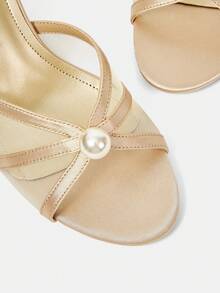 CUCCOO HITCHD 香槟色网纱珍珠装饰露趾踝带高跟凉鞋，优雅适合婚礼、派对、宴会等场合。 - 香檳色 - 查看 10