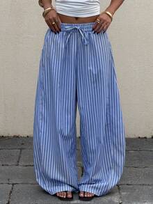 Muchica Women's Casual Striped Flared Leg Pants, Spring/Summer - Blue and White - View 3